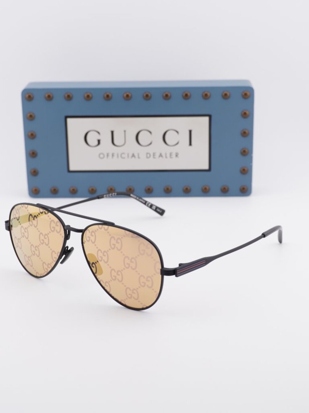 Gucci GG1874S 005 Aviator Sunglasses - Black\ Orange Mirror with GG Pattern